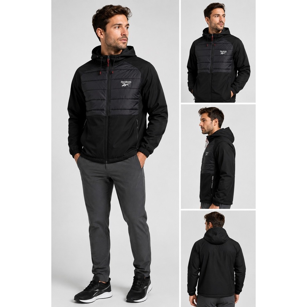 Reebok Men's Hybrid Quilted Softshell Hooded Jacket - Black - Size Medium